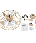 Ceiling Fan with Light Remote 3-Speed Quiet Brushless Motor Timer 50cm disassembled parts view, showing golden iron frame and accessories.