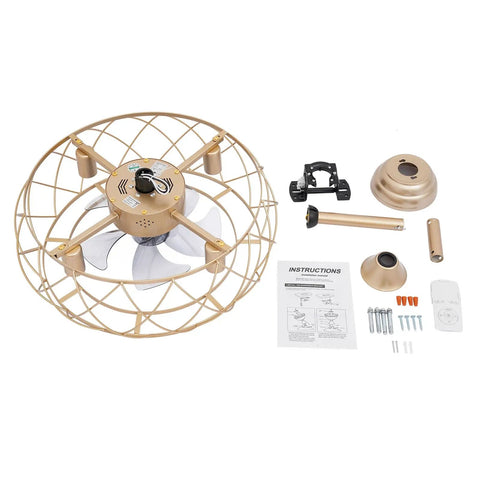 Ceiling Fan with Light Remote 3-Speed Quiet Brushless Motor Timer 50cm disassembled parts view, showing golden iron frame and accessories.