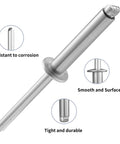 Heavy Duty Aluminum Blind Rivets 3/16 x 3/8 Inch 4.8 x 10mm Self Plugging Open End Pop Rivets for Metal, Indoor and Outdoor Use, Easy Install, Corrosion Resistant Silver Finish, 170 Pieces, close-up view showing resistances and features.