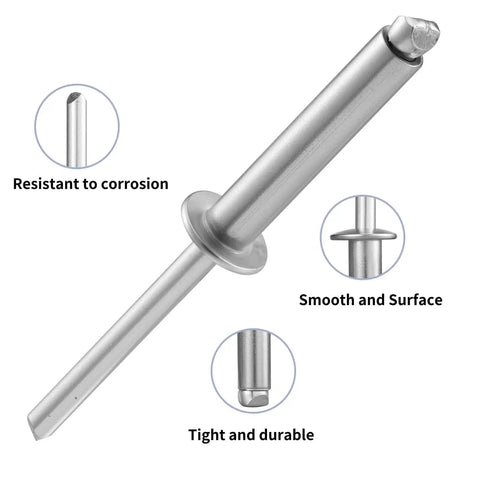 Heavy Duty Aluminum Blind Rivets 3/16 x 3/8 Inch 4.8 x 10mm Self Plugging Open End Pop Rivets for Metal, Indoor and Outdoor Use, Easy Install, Corrosion Resistant Silver Finish, 170 Pieces, close-up view showing resistances and features.