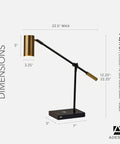 Lit 7W LED Desk Lamp With Qi Wireless Charging Pad And USB Port in black and antique brass, side view, 22.25 inches tall, dimensions shown