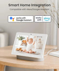 Smart home integration display showing E1 Pro Indoor Camera 3K Pan Tilt WiFi for Baby and Pet Monitoring on a table.