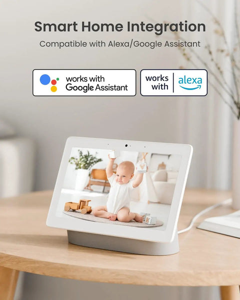 Smart home integration display showing E1 Pro Indoor Camera 3K Pan Tilt WiFi for Baby and Pet Monitoring on a table.