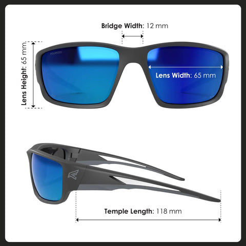 Polarized Wraparound Safety Glasses Built Tough for Work and Outdoors All Day Comfort Anti Scratch Lenses UV 400 Protection Military Grade ANSI Z87 Plus Shatter Resistant Polycarbonate Non Slip Nylon Frame Blue Mirror Lens 5.04 Inch Wide, showing front and side view with dimensions.