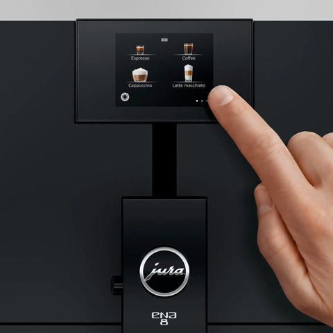 Smooth Operator Fully Automatic Coffee Machine Featuring A Smart Touchscreen and One Touch Milk Drinks in Polished Metropolitan Black, touchscreen interface.