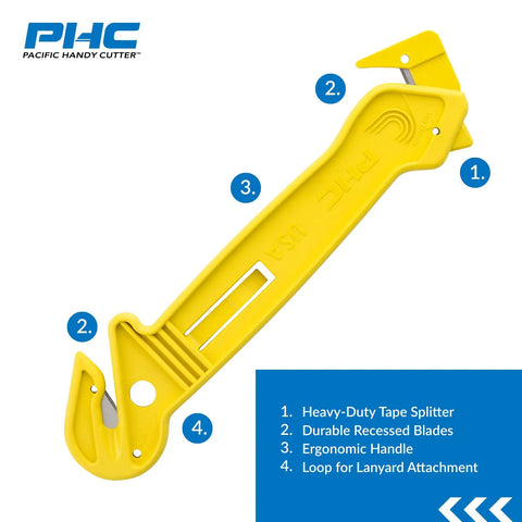Heavy Duty Dual Head Concealed Safety Cutter Hits Different For Slicing Shrink Wrap Film Cardboard And Plastic Straps With Recessed Blades, yellow, ergonomic design.