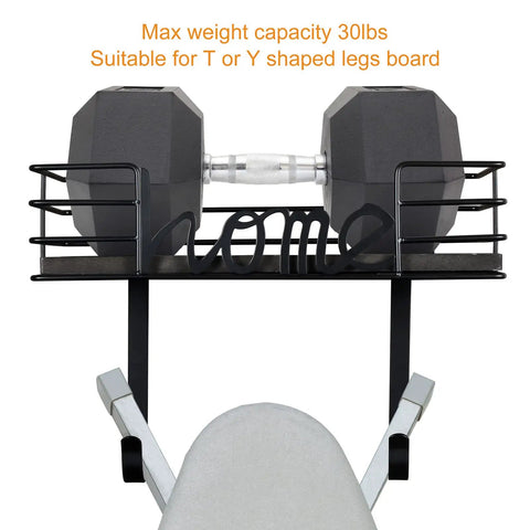 Wall Mount Ironing Board Hanger And Laundry Room Organizer With Large Dark Gray Wooden Base Basket And Removable Hooks displayed