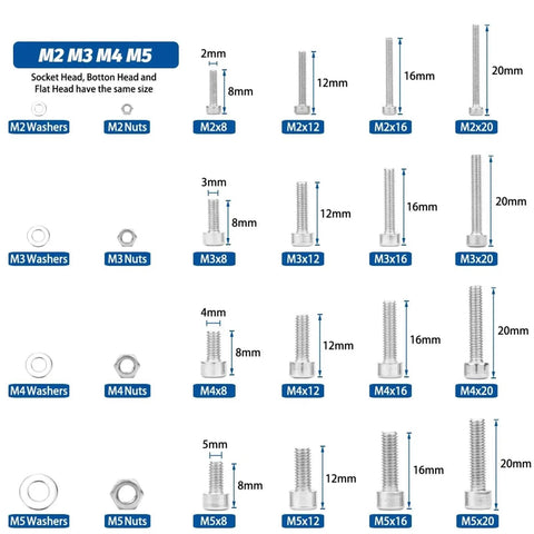 880 Piece Stainless Steel Hex Nuts Bolts And Washers Set For Home DIY Projects M2 M3 M4 M5 Metric Assortment Kit With Smooth Threads And Durable Hardware For Quick Fixes And Strong Fastening, size chart