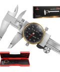 0-6 Inch Dial Caliper Set With Protective Case, 0.001 Inch Accuracy, 4 Way Measurement With Dual Jaws And Depth Rod, Shock Resistant Stainless Steel For DIY Home Improvement And Precision Machining Tasks. Dial caliper with red case.