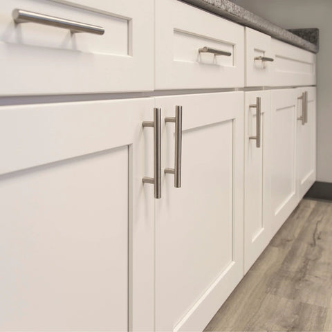 4 Inch Satin Nickel Truss Bar Cabinet Pulls 10 Pack Center To Center 104 mm Stylish Durable Drawer Handles on white kitchen cabinets