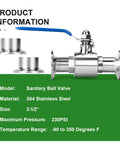 Sanitary ball valve, 304 stainless steel, 2.5-inch tube OD, blue lever, tri-clamp ends, includes two ferrule adapters