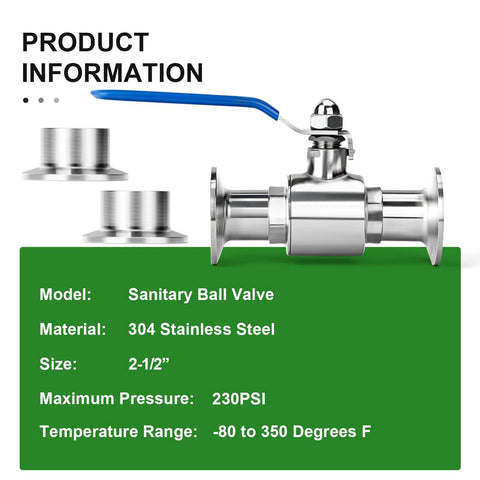 Sanitary ball valve, 304 stainless steel, 2.5-inch tube OD, blue lever, tri-clamp ends, includes two ferrule adapters