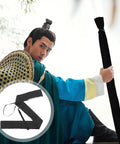Man holding 65 Inch Sword Back Bag Cover For Katana And Shinai Travel Case, black, weather-resistant material, shoulder strap visible.