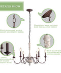 Six Light Farmhouse Chandelier With Dope Vintage Candle Design Rustic Industrial Pendant Lighting In White And Dark Brown details