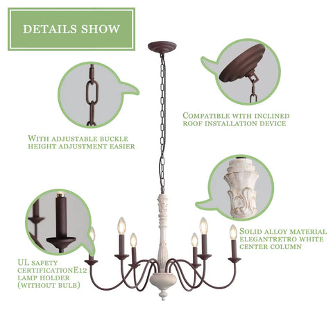 Six Light Farmhouse Chandelier With Dope Vintage Candle Design Rustic Industrial Pendant Lighting In White And Dark Brown details