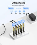 Built Different Five Bay M.2 NVMe SATA SSD Docking Station with one click offline clone showing five SSD slots and power adapter.