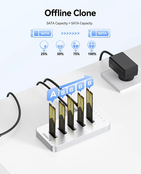 Built Different Five Bay M.2 NVMe SATA SSD Docking Station with one click offline clone showing five SSD slots and power adapter.