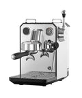 Heavy Duty Semi Automatic Espresso Machine Featuring Integrated Burr Grinder And Smooth Milk Frother For Straight Up Barista Quality Cappuccinos And Bold Fresh Roasts, Silver - front view with shiny chrome finish.