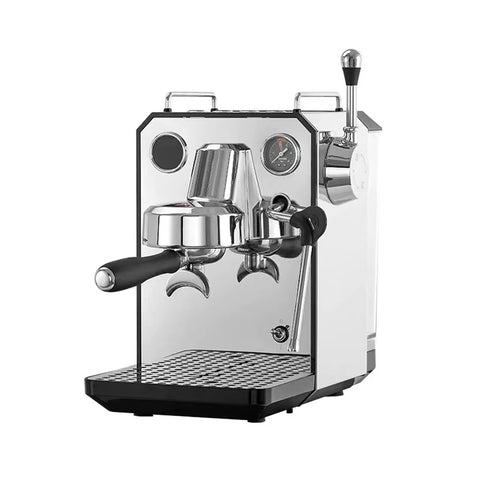 Heavy Duty Semi Automatic Espresso Machine Featuring Integrated Burr Grinder And Smooth Milk Frother For Straight Up Barista Quality Cappuccinos And Bold Fresh Roasts, Silver - front view with shiny chrome finish.