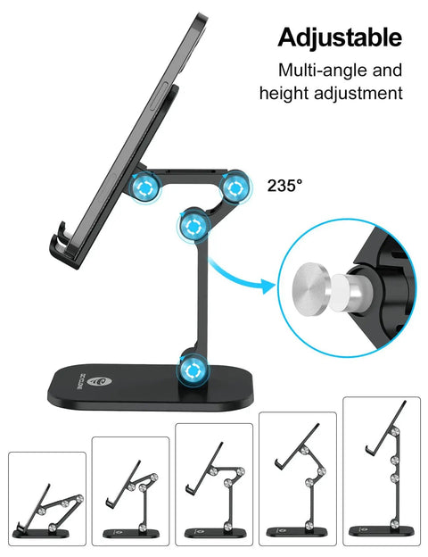 Adjustable Height Folding Phone Stand For Desk Go To Desk Buddy Hands Free Viewing Sturdy Tilt Lock Fits 4.7 To 13 Inch Phones And Tablets Black