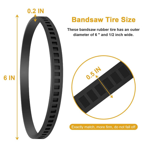 4 Pack 65072100 Bandsaw Rubber Tires Replacement For Portaband Wheels Fits DWM120 DCS374 DW328K 6-inch diameter size displayed