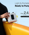 Cordless Electric Paddle Board Pump With Auto Off And Dual Stage Inflation Deflation 7 Nozzles For SUPs Kayaks Boats And Tents Rechargeable Lightweight Portable 20 PSI Get You On The Water Faster, shown as lightweight and portable at 2.4 lb
