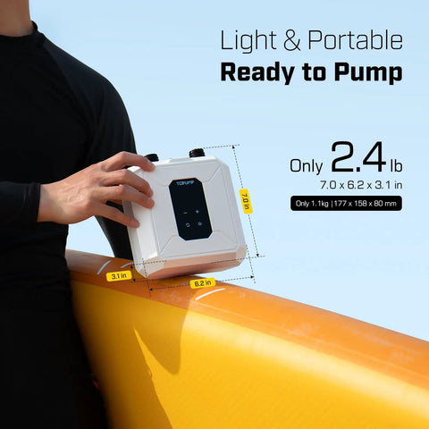 Cordless Electric Paddle Board Pump With Auto Off And Dual Stage Inflation Deflation 7 Nozzles For SUPs Kayaks Boats And Tents Rechargeable Lightweight Portable 20 PSI Get You On The Water Faster, shown as lightweight and portable at 2.4 lb