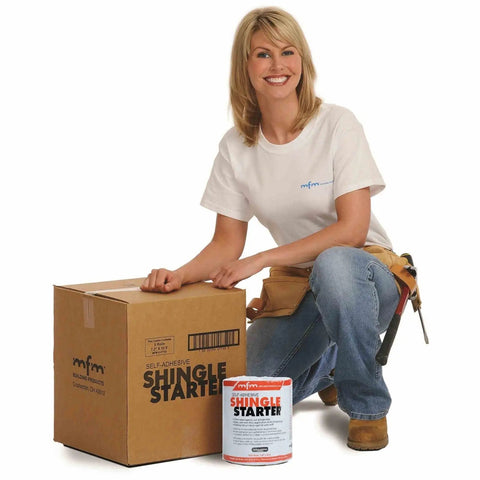 Heavy Duty Asphalt Shingle Starter Roll With Killer Self Seal Adhesion 7.2 Inches Wide in a box with a woman smiling.