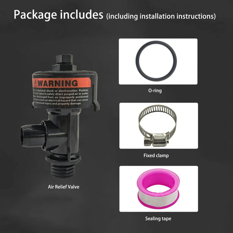 Front view of manual air-relief valve for pool filter; black plastic body; includes O-ring, clamp, sealing tape.