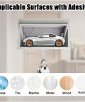 Two Pack Car Garage Key Holder With Opening Door, adhesive wall mount on display with mini car model inside, light grey