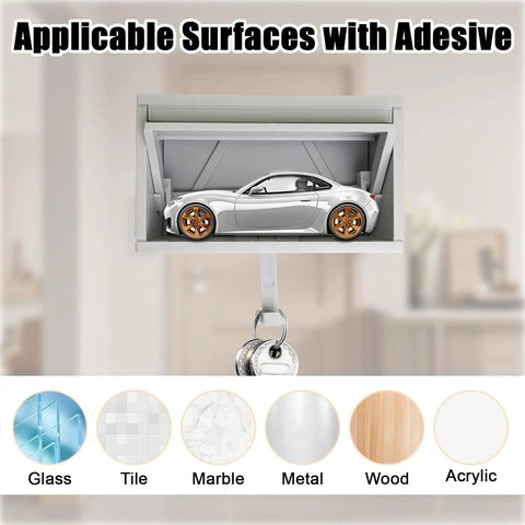 Two Pack Car Garage Key Holder With Opening Door, adhesive wall mount on display with mini car model inside, light grey