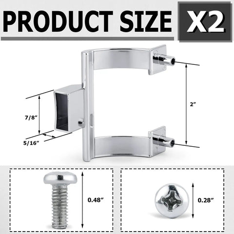 Solid Build Chrome Shower Door Handles And Towel Bar Brackets With 2 Inch Mount Holes and hardware kit, showcasing dimensions and screws.
