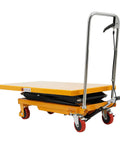 Rock Solid Double Scissor Hydraulic Lift Table Cart 770 Lbs Capacity 51 Inch Lift Height 4 Wheel Mobile Platform with yellow platform.