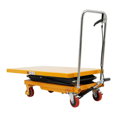 Rock Solid Double Scissor Hydraulic Lift Table Cart 770 Lbs Capacity 51 Inch Lift Height 4 Wheel Mobile Platform with yellow platform.