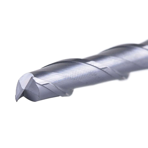 SpeTool 1/4 in two-flute carbide end mill, TiAlN coated, 3 in length, up-cut CNC bit, close-up view