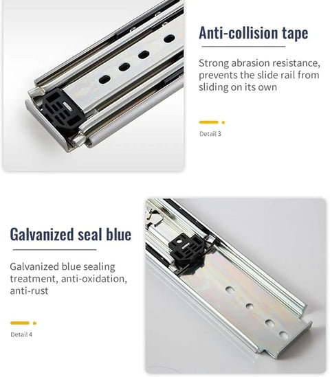 Heavy Duty Drawer Slides With Secure Locking Mechanism Industrial Furniture Hardware Rails showing anti-collision tape and galvanized seal