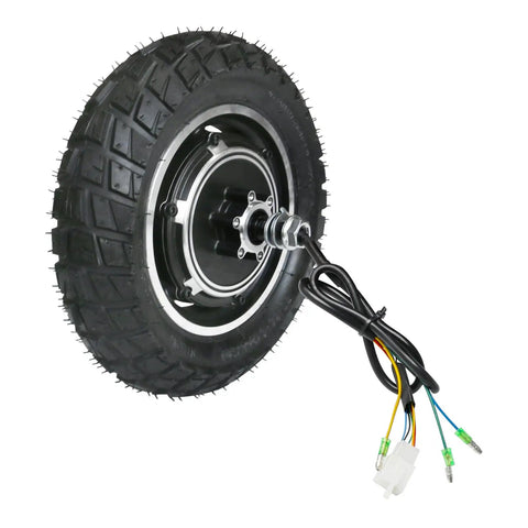 Built Different 10 Inch 48V 350W Brushless Hub Motor Wheel with off-road tire and wiring for electric scooter conversion.