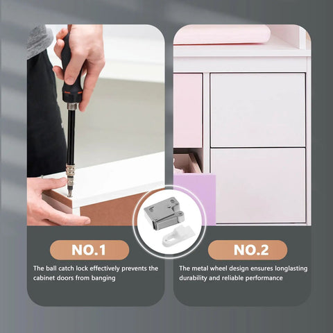 Installation of stainless steel roller catch for wardrobe and kitchen cabinets, press to open door latch at cabinet corner.