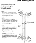 Illustration of Chain Link Drop Rod Pin Latch for One to Three Eighths Inch Double Gate Frame 36 Inch Long Cane Bolt Style Replacement Easy Gate Security for Fences Heavy Duty Durable Gate Accessory for Home and Yard Fences Easy Install with installation instructions.