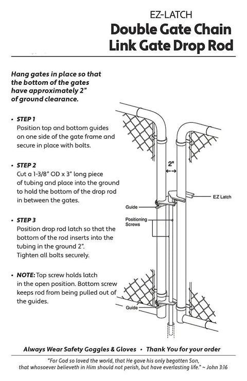 Illustration of Chain Link Drop Rod Pin Latch for One to Three Eighths Inch Double Gate Frame 36 Inch Long Cane Bolt Style Replacement Easy Gate Security for Fences Heavy Duty Durable Gate Accessory for Home and Yard Fences Easy Install with installation instructions.
