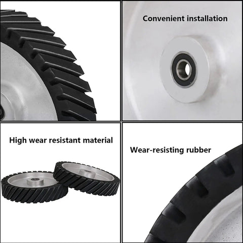 Close-up of 10x2 Inch Serrated Rubber Contact Wheel for Belt Grinder showing 7R8 bearing and aluminum oxide grit texture.