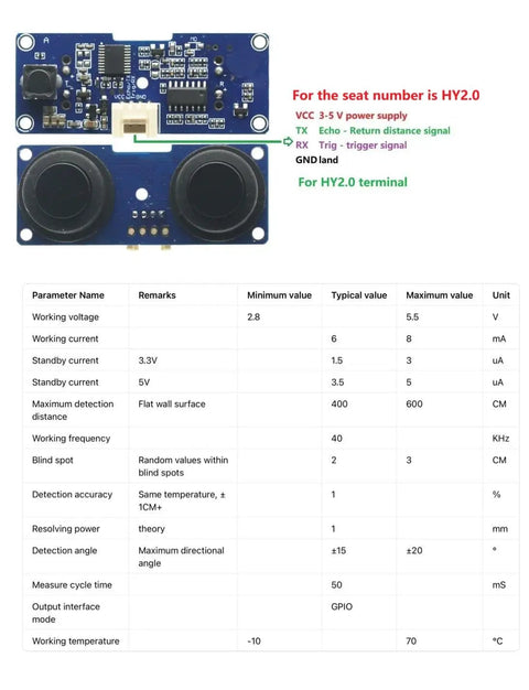 Waterproof Ultrasonic Sensor Module With Split Transceiver, 2cm To 400cm Range, 3 To 5V Operation, technical details shown.