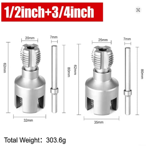 1/2inch and 3/4inch electric pipe threader attachments with dimensions, designed for precise threading on PVC and CPVC.