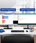 4 In 1 ESP32 STEM Smart Traffic Kit Compatible With Arduino Hands On Robotics And Coding Set on desk with Blockly and Arduino programming