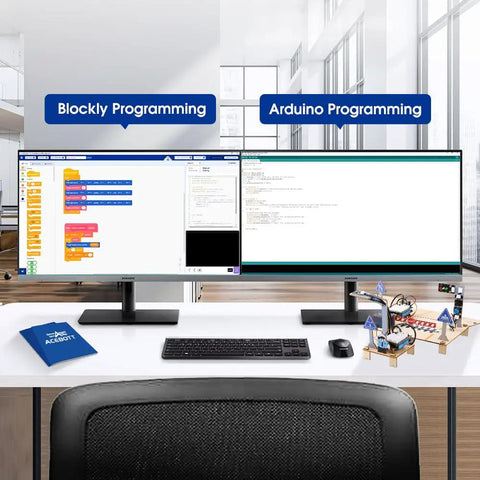 4 In 1 ESP32 STEM Smart Traffic Kit Compatible With Arduino Hands On Robotics And Coding Set on desk with Blockly and Arduino programming