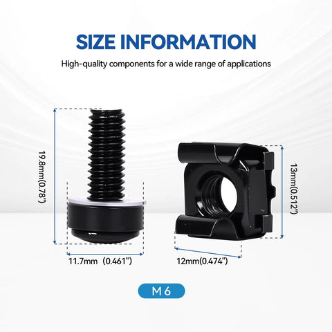 Badass M6 X 20mm Rack Mount Screws And Cage Nuts Bundle For Server Racks showing size info of black galvanized hardware.