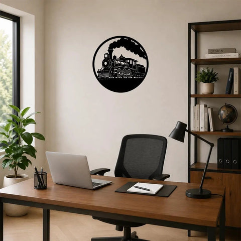 Rustic Steam Locomotive Metal Wall Art Decor For Living Room And Office, Vintage Circular Train Scene Sign in office setting