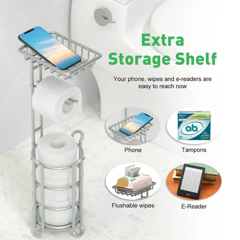 Free Standing Toilet Paper Holder With Extra Top Shelf For Phone And Wipes, Mega Roll Capacity, Durable Steel Silver Finish