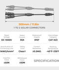 Specifications and dimensions of Beefy Solar Panel Y Branch Connector 2 To 1 Splitter Cable For Parallel Wiring 30A 1000V 4 Panel