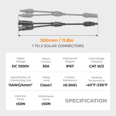 Specifications and dimensions of Beefy Solar Panel Y Branch Connector 2 To 1 Splitter Cable For Parallel Wiring 30A 1000V 4 Panel